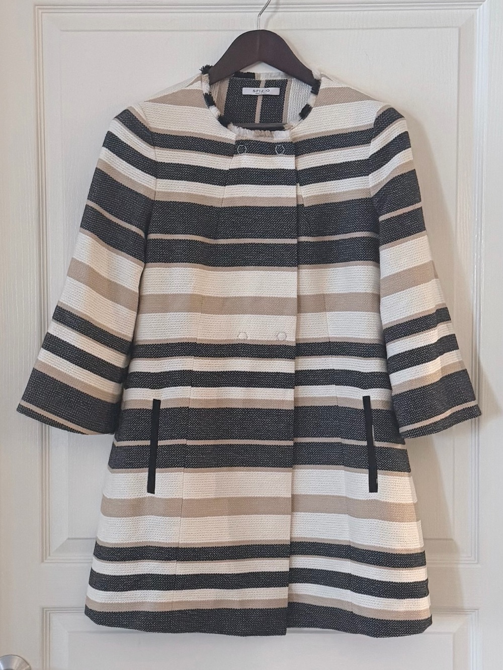 Striped A-Line Coat in Cream, Black & Tan